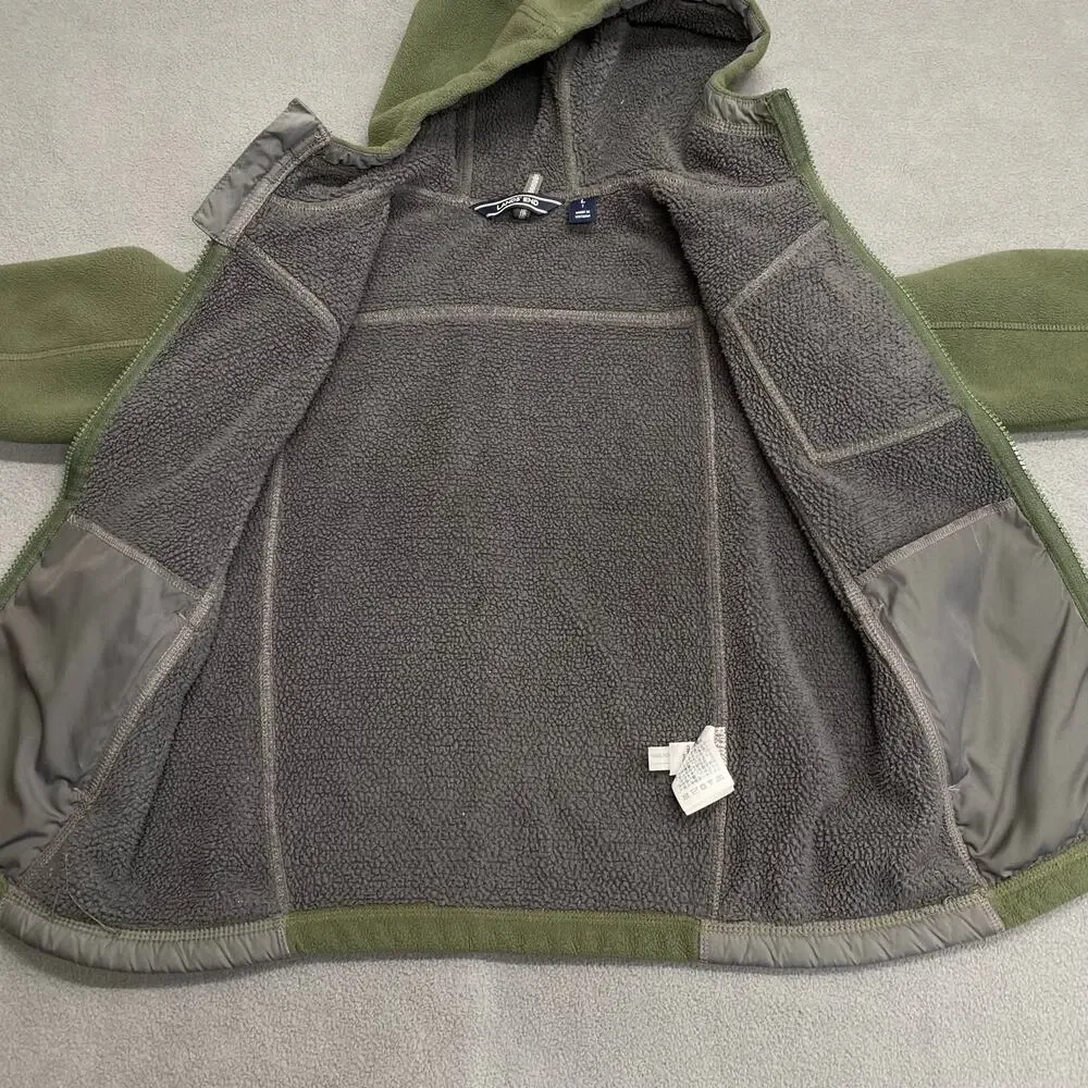 Lands End Full Zip Hoodie Fleece Sweater Jacket Kids 7 Green Grey Zipper Pockets